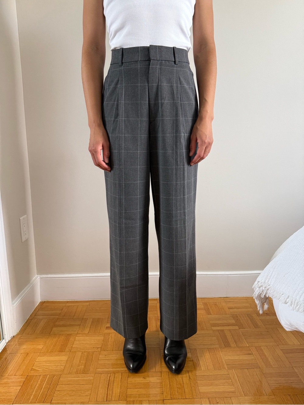 Uniqlo Grey Windowpane Check Wide-Leg Trousers Sz S